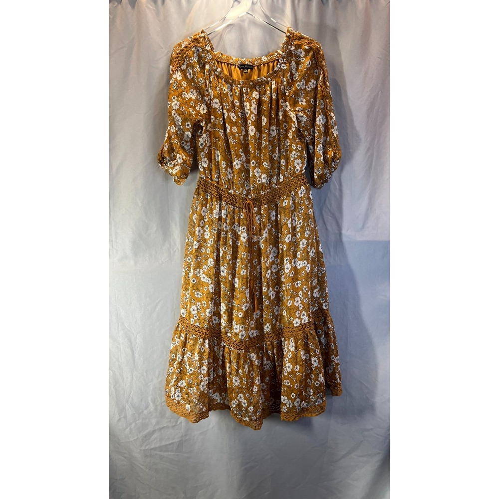 Ryan Michelle Maxi Dress Women Petite XL Mustard Floral Print Tiered Lace Detail